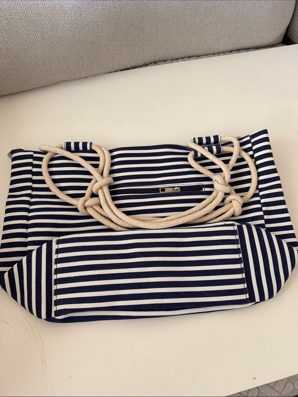 FARMHOUSE IS MY STYLE Nautical Striped Navy & White Rope-Handle Tote 12x18 New
